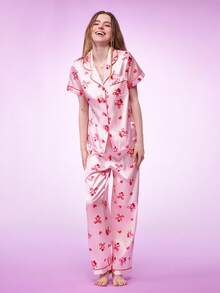 Notgurli Conjunto de pijama de mujer con estampado de cerezas y lazo en el cuello, de seda sintética, para el Día de San Valentín con lazo - Rosa Pálido - Ver 5