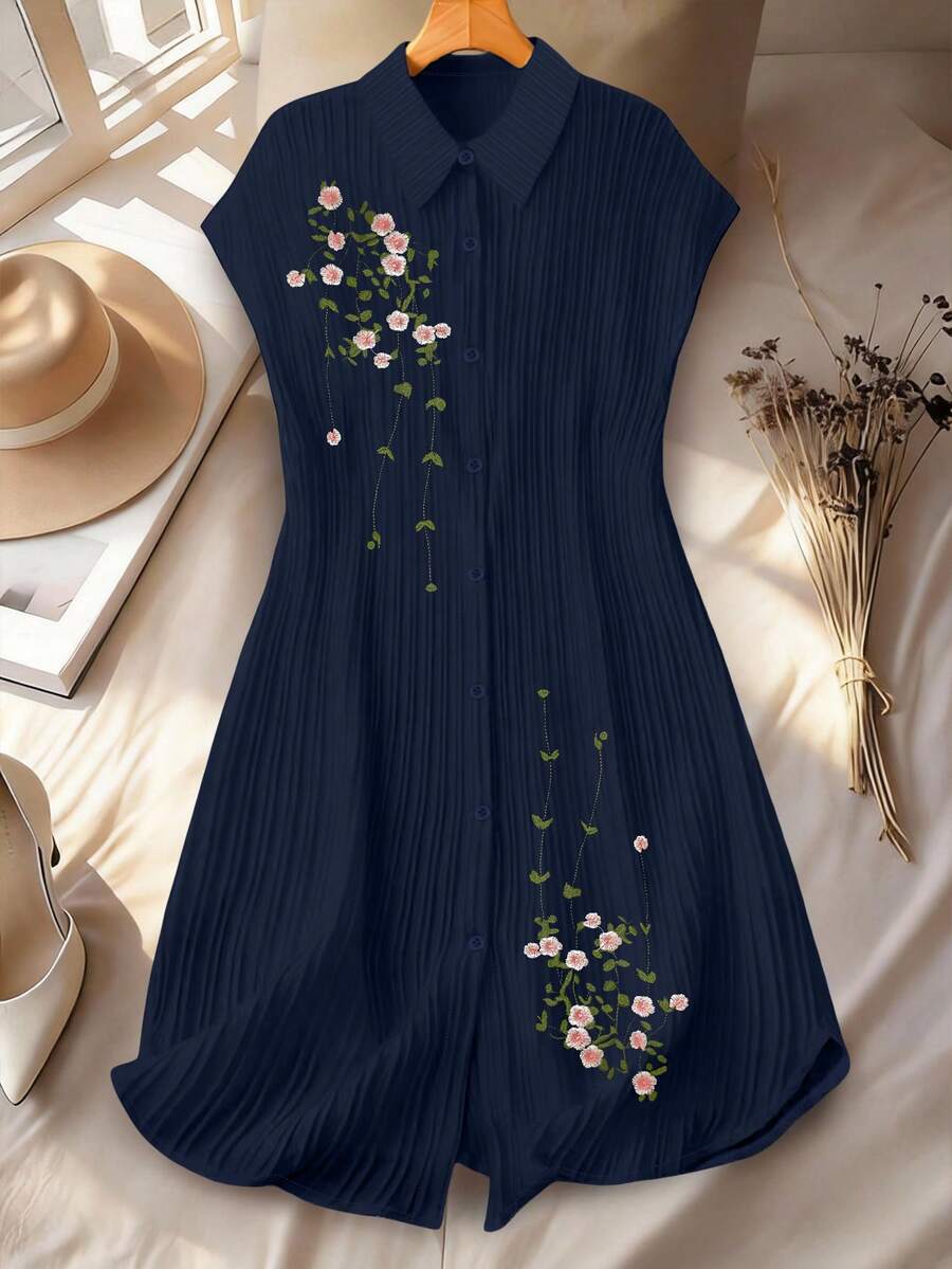 GlowEve CURVE Plus Size Minimalist Versatile Embroidered Dress For Women - Navy Blue - View 1