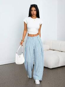 PETITE Pantalones casuales de verano con estilo vintage para mujer, pantalones anchos con dobladillo curvo en color verde militar para salir - Celeste 2 - Ver 5