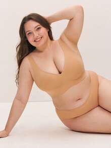 LUVLETTE Plus Dream Curve 2ndSkin Brown & Dark Nude Wireless Seamless Plunge Lounge Sticky Basic SizeFreedom Bra No Show Underwear Comfortable Must-Haves Also Suitable For Teen Girl & Young & Kid - Brown - View 4