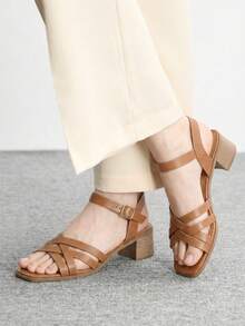 CUCCOO BIZCHIC 方头方跟极简主义女士高跟凉鞋，日常穿着度假鞋，夏季必备 - 棕色 - 查看 2
