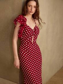 MOTF PREMIUM FASHIONABLE POLKA DOT MIDI DRESS FOR WOMEN - Burgundy - View 8