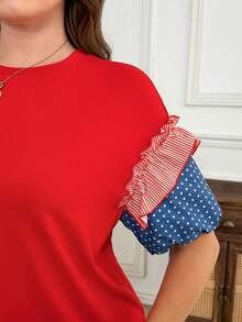 SHEIN LUNE Áo thun nữ cỡ lớn mùa hè kiểu dáng thường ngày, kẻ sọc phối nhiều màu sắc, kiểu dáng giản dị, thích hợp mặc ở nhà. - Đỏ - Xem 4