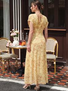 Momance 优雅法式花卉印花宽松V领落肩褶皱A字蕾丝孕妇连衣裙 - 杏色 - 查看 2