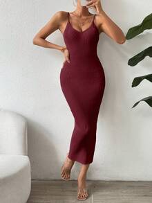 SHEIN Clasi 女士休闲无袖修身罗纹针织连衣裙 - 紅色 - 查看 3