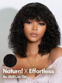 Density Pro 12英寸真人发卷发波波头假发，带刘海，250%高密度，无需胶水，即戴即走，适合女性，水波纹深卷发，短款卷发波波头假发，新手友好，日常佩戴，易于安装，外观自然，柔软有弹性的卷发，戴上即可出门，佩戴舒适，适合女性，波波头假发款式，自然黑色，黑色假发，休闲时尚，适合派对、夏季、婚礼、节日等场合，易于打理，特殊场合发型，日常使用。 - S1B - 查看 4