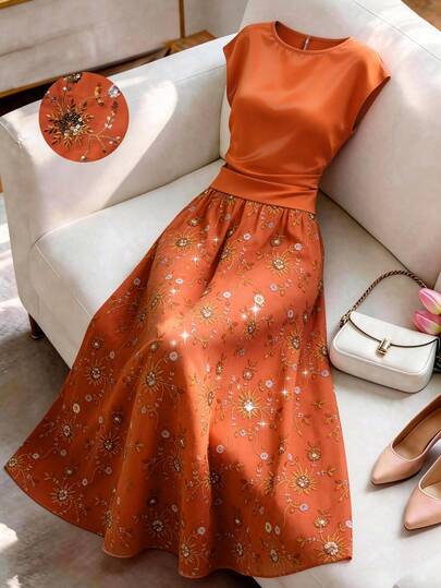 Ellevyn Bộ áo kiểu cổ tròn bóng bẩy và chân váy ngắn đính hạt màu cam, trang phục sang trọng, thanh lịch, thích hợp cho kỳ nghỉ.