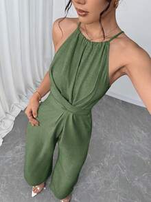 Firerie Jumpsuit Wanita Kasual Musim Panas Warna Polos dengan Pinggang Terikat dan Model Halter - Hijau Tentara - View 7