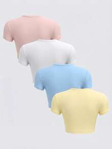 SHEIN BASICS 4件組休閒素色針織圓領短袖修身短版女款T恤夏季上衣 - 彩色 - 查看 2