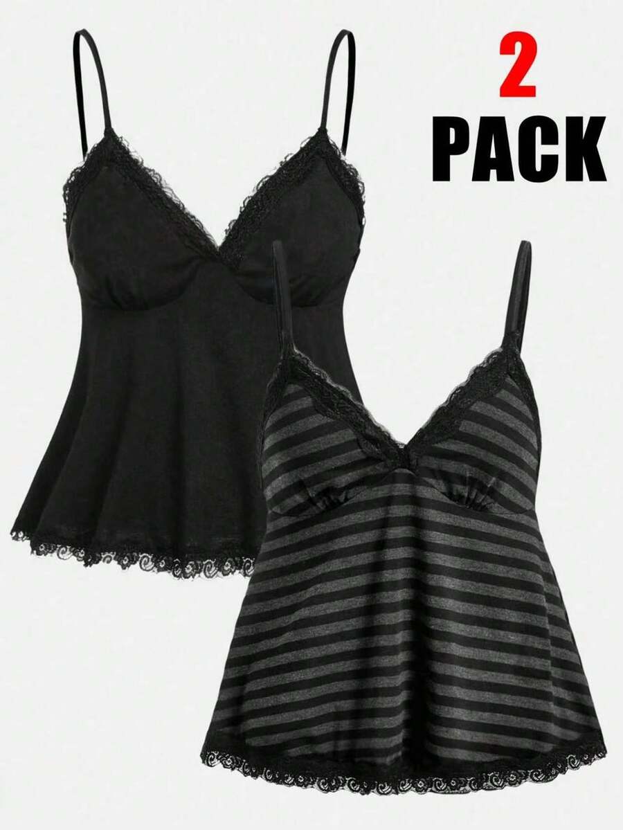ROMWE Fairycore Plusstorlek Dam Spets Patchwork Randigt & Enfärgat Camisole - Multifärgad - Visa 1