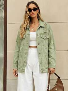 Selenza Áo khoác denim màu xanh dương cài nút, túi nắp phía trước, vai rớt - xanh quân đội - Xem 4