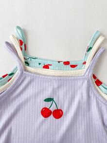 SHEIN 3件套少女粉色、白色、蓝色樱桃印花刺绣吊带背心和三角裤内衣套装，尺码偏小，建议选购大一码。 - 彩色 - 查看 4