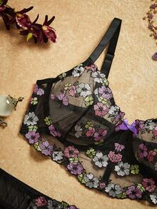 PinupPomp 2pcs Plus Size Women Contrast Color Embroidered Sexy Lingerie Set - Black - View 3
