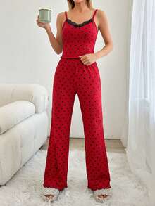 WovenCharm 2Pcs Cotton Red Heart Pattern  Trim Cami Top With Lace Detail Homewear Set - Red - View 3