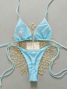 Swim Vcay 两件套女士泳装，薄荷绿比基尼，手工绳结装饰 - 淺藍色 - 查看 2