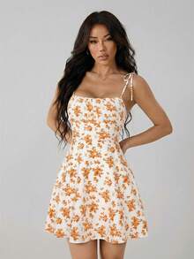 SHEIN PETITE Women's Summer Beach Vacation Floral Print Tie Shoulder Strap Dress - Yellow - View 6