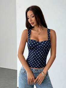 SHEIN PETITE 女士约会之夜女友聚会生日派对夜店假日派对优雅黑色波点上衣，女友聚会，约会，日常通勤束身衣，可爱束身衣，性感上衣俱乐部，束身衣上装 - 藏蓝色 - 查看 6