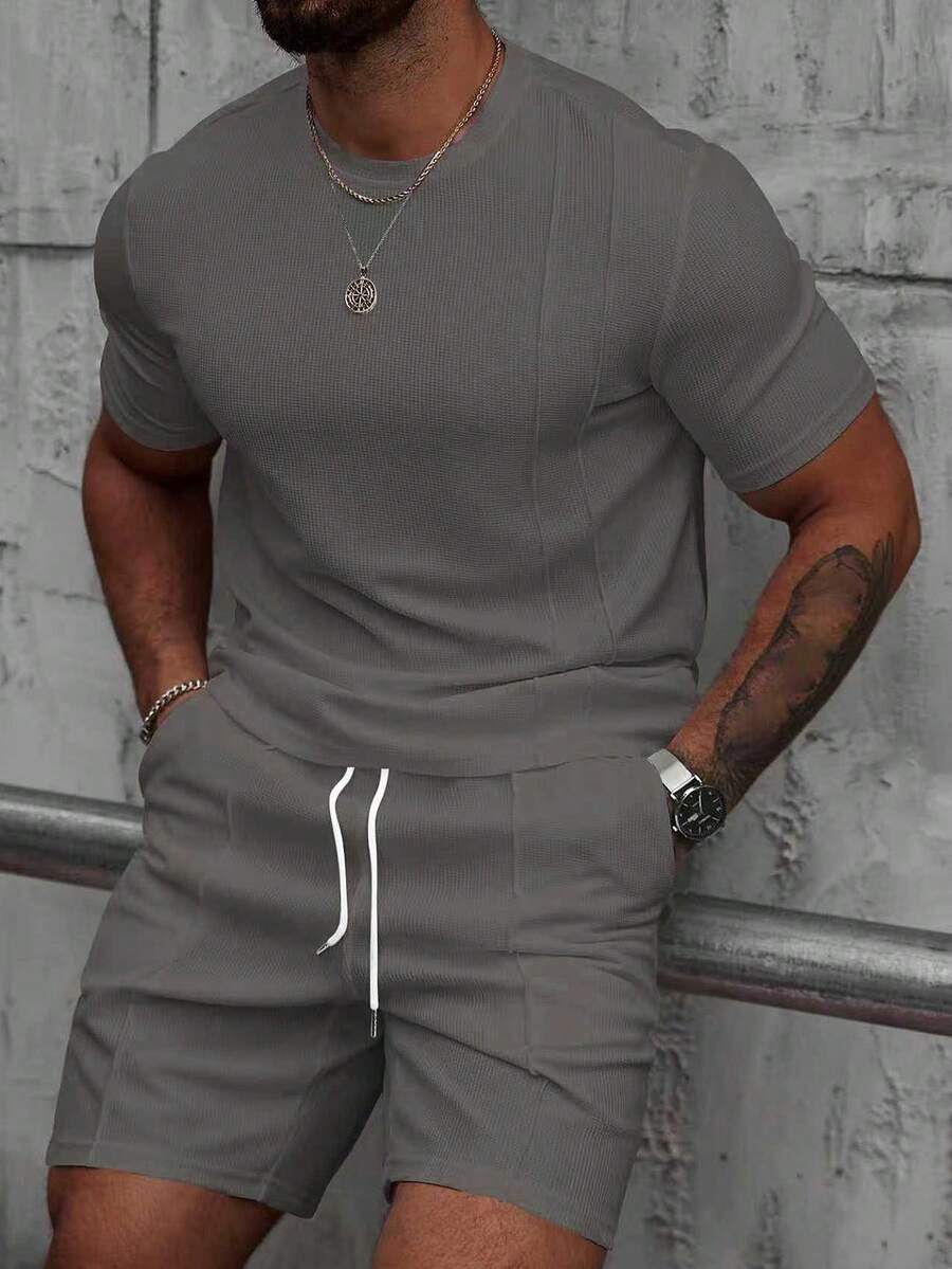 Manfinity Homme Men's Summer Basic Solid Color Knitted Casual Round Neck Short Sleeve Two Pieces Suit, Suitable For Daily Wear, Gifts Husband And Boyfriend - Dark Grey - View 1