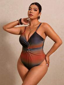 Elaquor Plus Size Gradient Ruched One-Piece Swimsuit, Slim Fit Beach Wear Bathing Suits For Women Tummy Control Suit Casual Vacation BSwimsuit Summer - Multicolor - View 7
