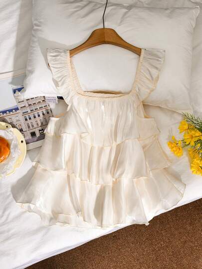 CosyJoli Áo kiểu nữ cỡ lớn nhiều lớp, phong cách thường ngày lãng mạn, cổ vuông, màu be, thích hợp cho kỳ nghỉ.