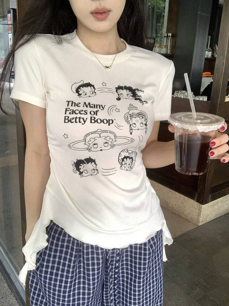 Women's Casual Cartoon Letter Print Short Sleeve Asymmetrical Hem Fitted T-Shirt, Suitable For Daily Commute In Summer