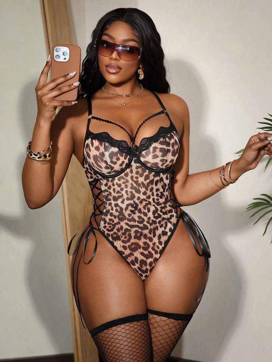 Bare Chapter 3pcs Sexy Leopard Print Mesh Crisscross Backless Jumpsuit Set With Side Slit And Underwire - Multicolor - View 1