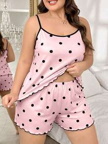 SHEIN Bộ đồ ngủ cỡ lớn dành cho nữ, gồm áo hai dây in chấm bi và quần short. - Nhiều màu - Xem 3