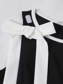 SHEIN 优雅高端时尚奢华黑白修身无袖连衣裙，饰有撞色蝴蝶结，适合宴会、旅行、度假、海滩等场合。 - 黑色 - 查看 5