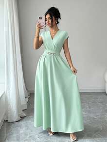 Franclia Women's Elegant V-Neck Batwing Sleeve Waist Cinched Flared Hem Cherry Red Dress, Sleeveless Spring/Summer - Mint Green - View 3