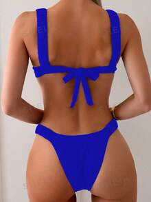 SHEIN Swim Conjunto de bikini sólido y fruncido de moda para mujeres de verano en la playa - azul real - Ver 2