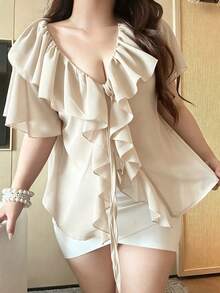 Vibekara Áo kiểu tay ngắn, cổ chữ V, màu trơn, chất liệu chiffon, dáng ôm, xuyên thấu, gợi cảm, dành cho người có vóc dáng đầy đặn. - Màu be - Xem 8