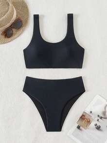 SHEIN Swim Women's Solid Color Bikini Set For Summer Beach & Swimming Pool - Black - View 6