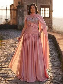 Aureia Elegant Dusty Pink Spring Formal Prom Wedding Plus Size Sweetheart Neck Luxury Embroidered Pearl Waist Ruched Chiffo N Maxi Dres S Evening Gown - Dusty Pink - View 1