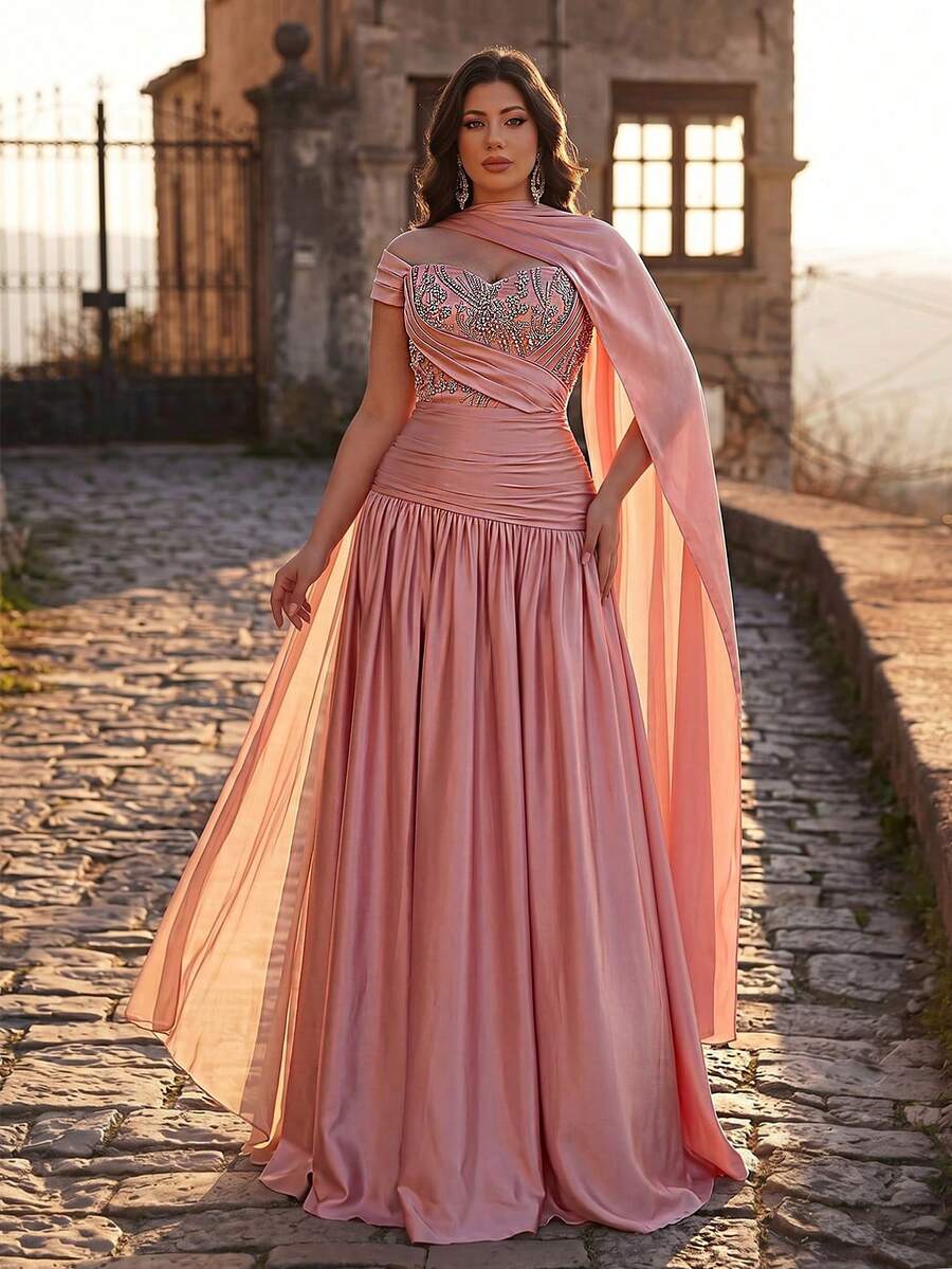 Aureia Elegant Dusty Pink Spring Formal Prom Wedding Plus Size Sweetheart Neck Luxury Embroidered Pearl Waist Ruched Chiffo N Maxi Dres S Evening Gown - Dusty Pink - View 1