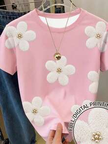 Áo croptop tay ngắn cổ tròn in họa tiết hoa kỹ thuật số dành cho bé gái tuổi teen, kiểu dáng thoải mái và năng động, thích hợp cho mùa xuân/hè, thời trang, phù hợp cho các hoạt động ngoài trời, dã ngoại, chụp ảnh đường phố, kỳ nghỉ, làm quà tặng, mặc hàng ngày. - Nhiều màu - Xem 3