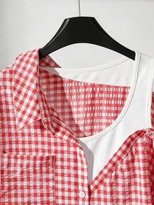 SHEIN Franclia Women's Casual Striped Raglan Short Sleeve Textured Blue & White Shirt, Summer - Red - View 7