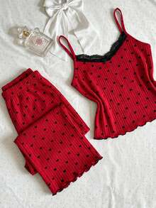 WovenCharm 2Pcs Cotton Red Heart Pattern  Trim Cami Top With Lace Detail Homewear Set - Red - View 5