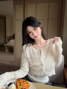 春夏碎花蕾丝吊带开衫两件套，优雅休闲度假沙滩修身薄款长袖T恤女装 - 白色 - 查看 8