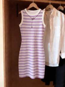 Resyla Women's Striped Print Round Neck Fitted Sleeveless Dress, New Arrival Spring/Summer - Multicolor - View 4