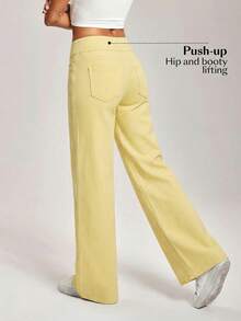 SHEIN PETITE Quần jeans nữ dáng casual cạp chun, túi xéo - Màu vàng - Xem 2