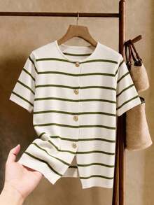 Elaquor Plus Size Round Neck Short Sleeve Striped Front Button Knit Top - Multicolor - View 8