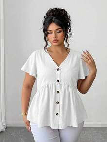 Elenzga Plus Size V-Neck Front Button Casual Bamboo Knot Blouse - White - View 4