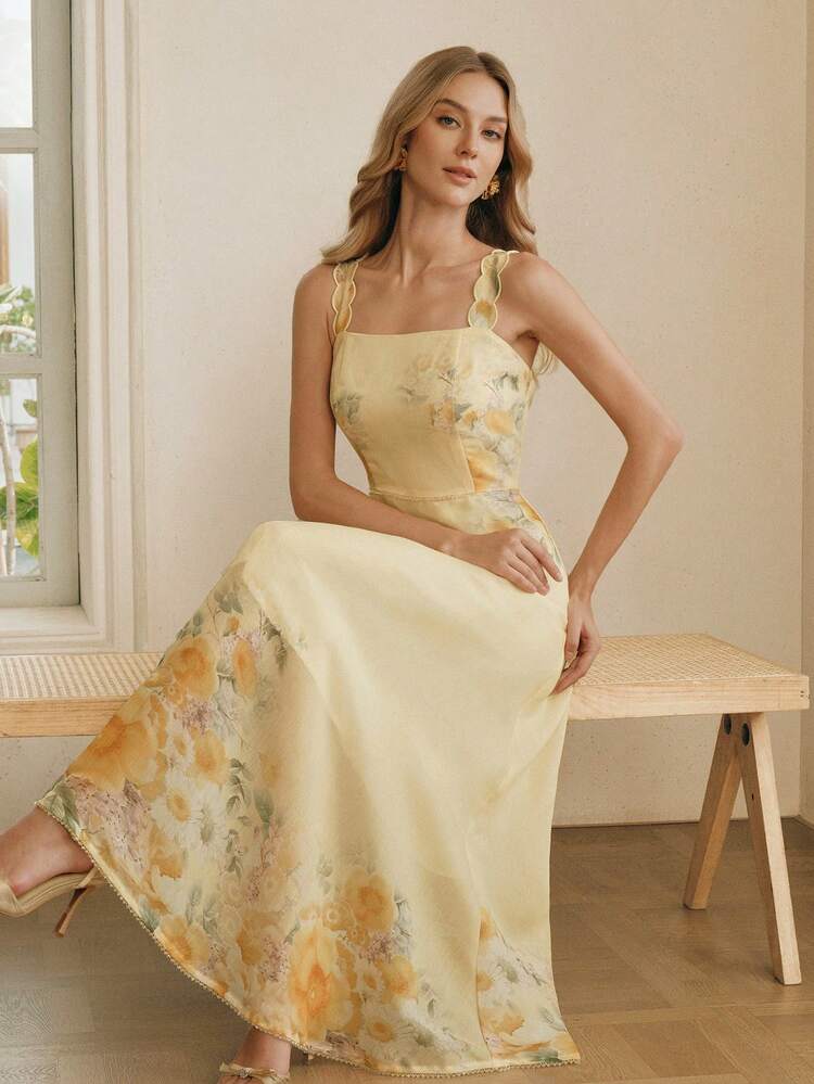 Women's Elegant Vacation & Date Digital Print Embellished Pearl Chain Slip Maxi Dress, Spring/Summer