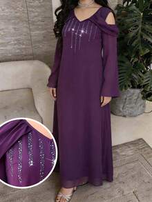 Al Najma Women's Chiffon V-Neck Off-Shoulder Flare Sleeve Rhinestone Embellished Dress  Loose And Comfortable. Elegant Dresses For Party Sparkly Dress - Purple - View 1