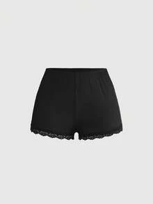 ROMWE Conjunto de pijama casual de camiseta de tirantes acanalada y shorts con encaje - Negro - Ver 7