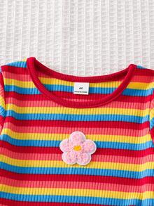 Conjunto de pantalones acampanados con costillas bordadas de rayas coloridas y moradas para niña, estilo vacaciones - Burdeos - Ver 6
