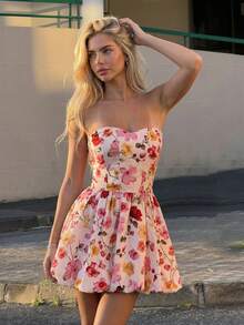 Joudiya 女士优雅印花抹胸迷你连衣裙，夏季 - 粉色 - 查看 4