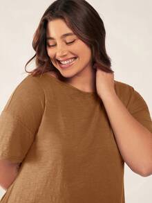 SHEIN BASICS 夏季休闲纯色T恤和长裤套装 - 鏽棕色 - 查看 4