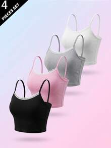 4 Conjuntos de Camisole com Renda Doce, Design de Renda Delicada no Decote, Sem Estampas, Cores Clássicas Incluem Preto, Cinza Claro, Rosa, Branco, Versátil - Multicolorido - Visão 1