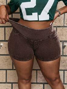 Dripcurv Plus Size Women's Summer Denim Shorts Casual Tight-Fitting Stretch Shorts In Blue Jorts - Brown - View 1